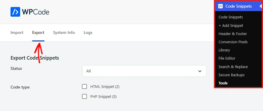 The WPCode Tools screen opened from the Code Snippets menu, with an arrow pointing at the Export tab