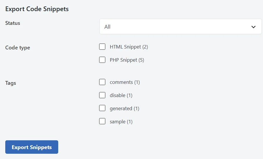 The Export Code Snippets panel showing the Status dropdown set to All, the Code type checkboxes, the Tags checkboxes, and the Export Snippets button