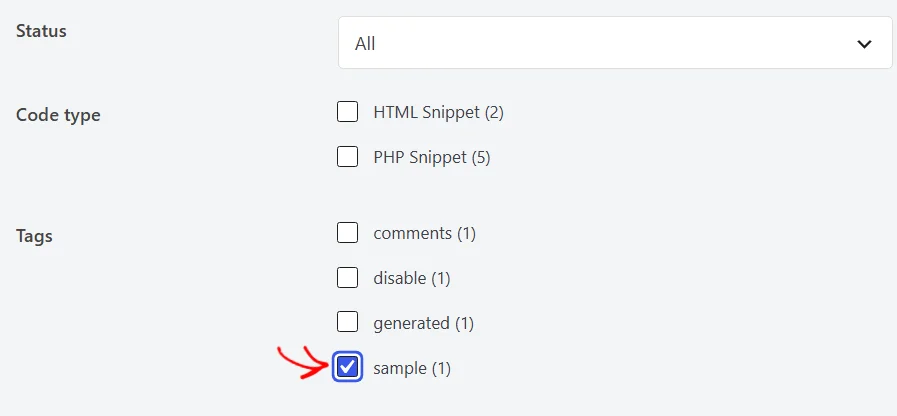 The Export Code Snippets filters with an arrow pointing at the ticked sample tag checkbox