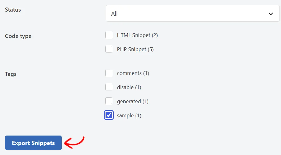 An arrow pointing at the Export Snippets button below the Status, Code type, and Tags filters