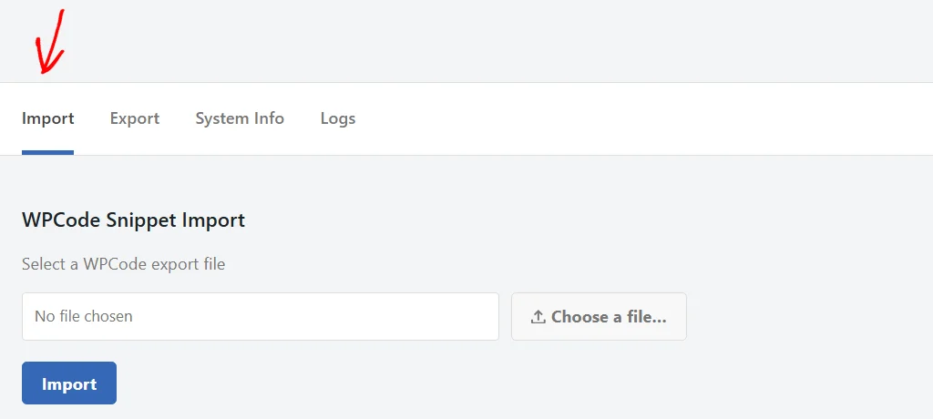 An arrow pointing at the Import tab, which shows the WPCode Snippet Import panel with an empty file field