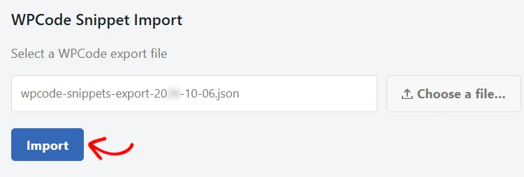 An arrow pointing at the Import button below the chosen export file