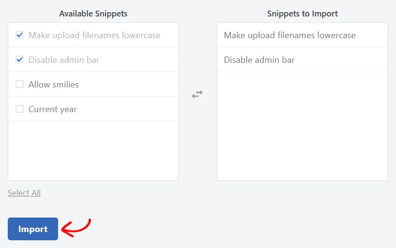An arrow pointing at the Import button below the Available Snippets and Snippets to Import columns
