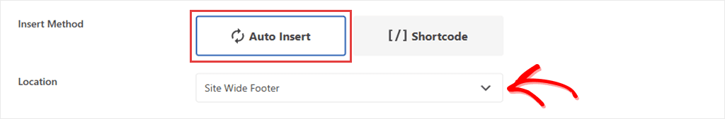 The WPCode Insertion box with Auto Insert selected and the Location set to Site Wide Footer