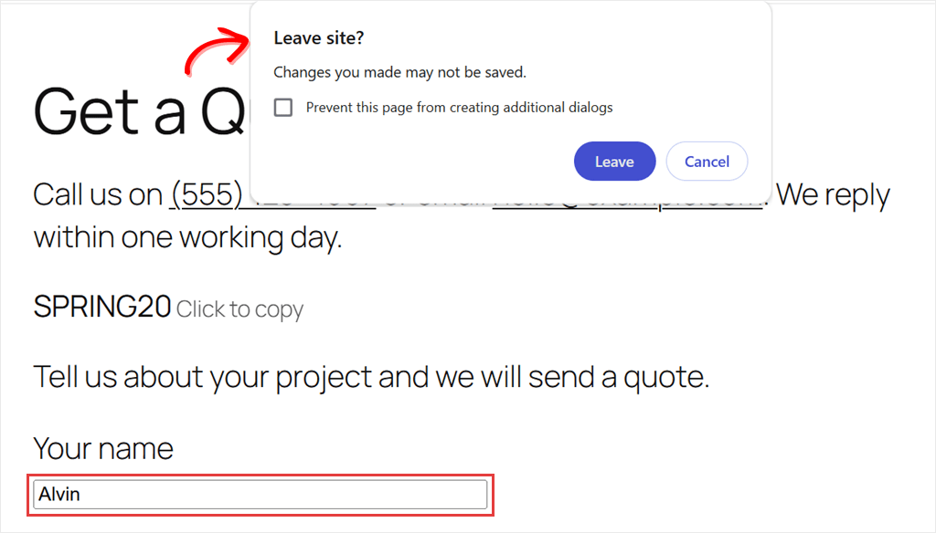 Chrome's "Leave site? Changes you made may not be saved" dialog over a half-filled quote form
