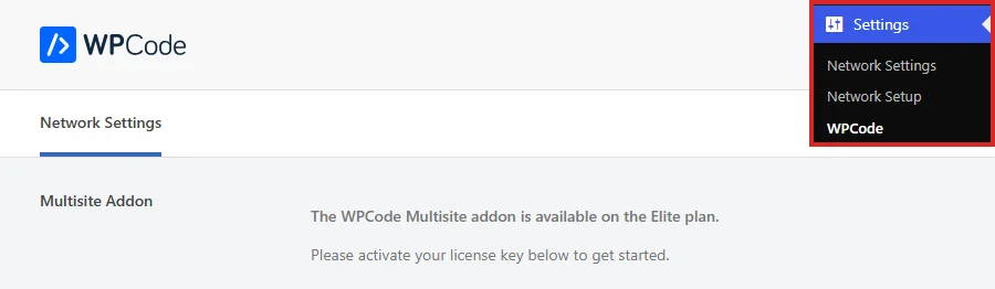 The WPCode network settings page opened from Settings in the network admin, with the Multisite Addon row asking for a license key