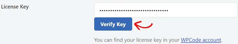 An arrow pointing at the Verify Key button below the License Key field, with a key entered and hidden