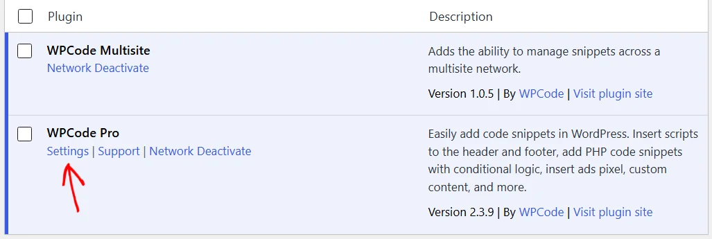 WPCode Multisite and WPCode Pro both network active on the network Plugins screen, with an arrow pointing at the Settings link under WPCode Pro