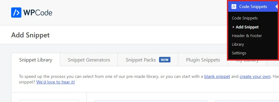 Opening the Add Snippet screen from the Code Snippets menu in the network admin