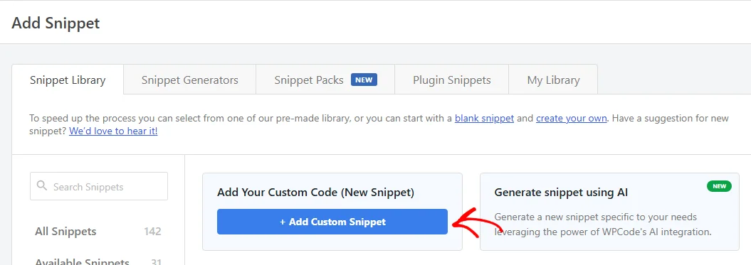 An arrow pointing at the + Add Custom Snippet button on the Add Your Custom Code card