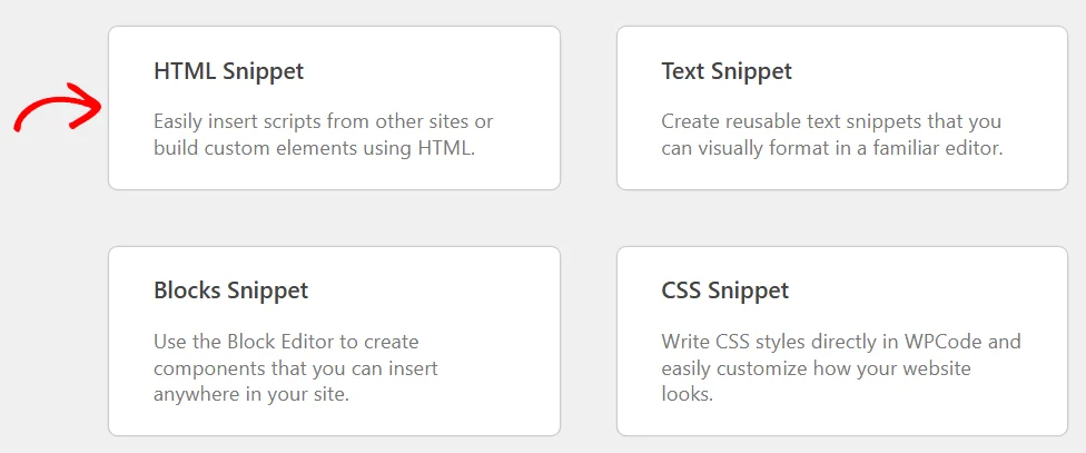 An arrow pointing at the HTML Snippet card in the snippet type picker