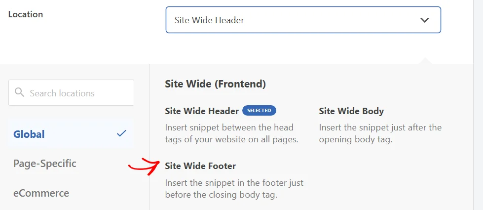 An arrow pointing at Site Wide Footer in the open Location list of a network snippet