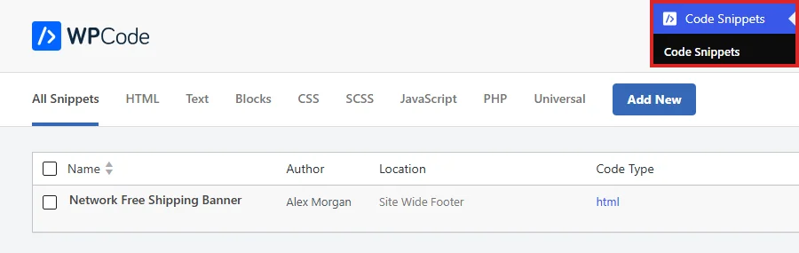 The new network snippet listed on the network Code Snippets screen with its Site Wide Footer location, opened from the Code Snippets menu