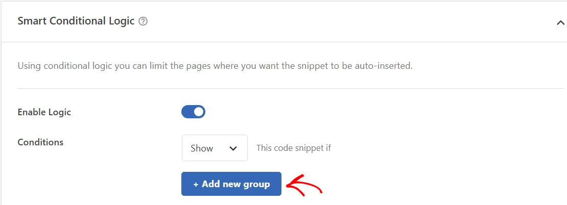 An arrow pointing at the + Add new group button below the Show dropdown