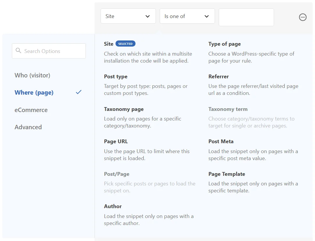 The rule list open on Where (page), with Site at the top and the Taxonomy term and Post/Page rules greyed out