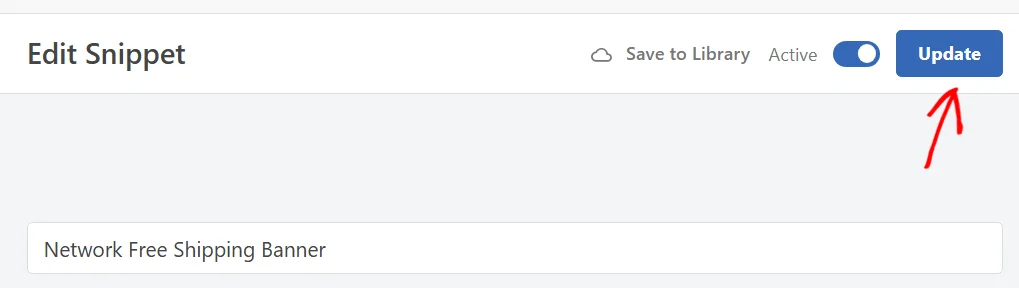 An arrow pointing at the Update button at the top of the network snippet editor