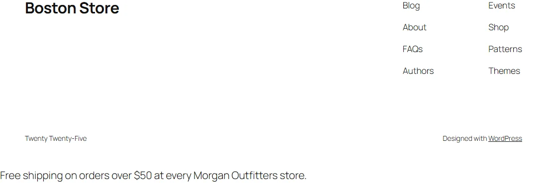 The network shipping banner printed below the theme footer on one of the chosen sites, viewed as a logged-out visitor