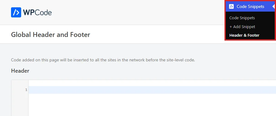 The network Global Header and Footer page open from the Code Snippets menu in the network admin