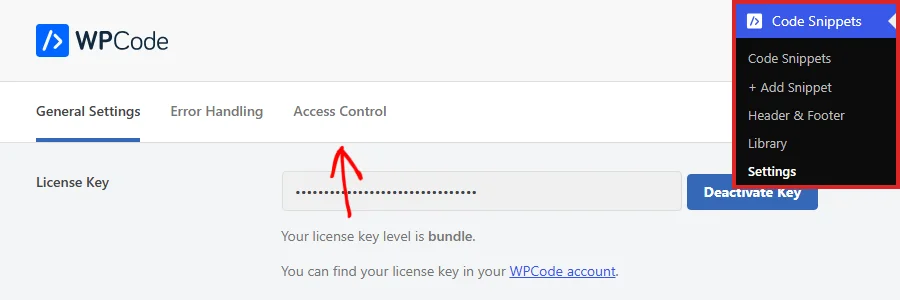 An arrow pointing at the Access Control tab on the network Code Snippets Settings page