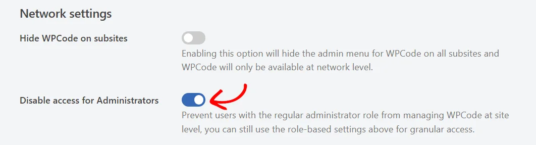 An arrow pointing at the Disable access for Administrators toggle under Network settings