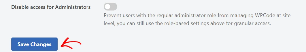 An arrow pointing at the Save Changes button at the bottom of the network Access Control tab