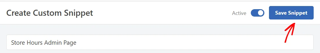 An arrow pointing at the Save Snippet button in the snippet editor header