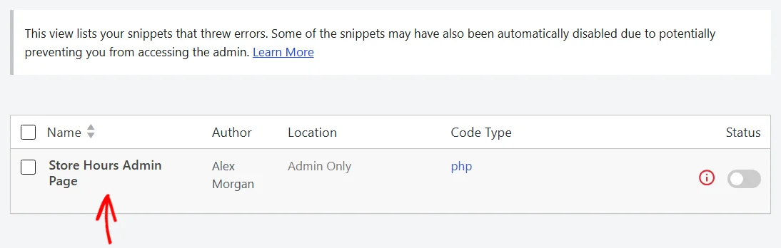 An arrow pointing at the name of a deactivated snippet in the Snippets With Errors view, with a red error icon beside its switched-off status toggle