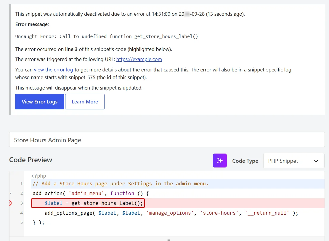 The WPCode message explaining the snippet was automatically deactivated, with the error message and line 3 named, above the code editor with line 3 highlighted