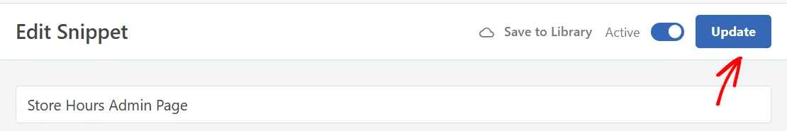 An arrow pointing at the Update button in the Edit Snippet header