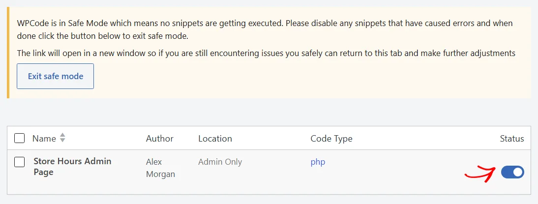 The WPCode safe mode notice above the Code Snippets list, with an arrow pointing at an active snippet's status toggle