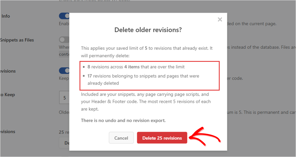 Delete older revisions dialog counting 8 revisions over the limit and 17 from deleted snippets, with a Delete 25 revisions button.