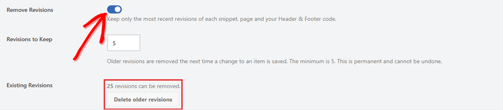 WPCode general settings with Remove Revisions turned on, Revisions to Keep set to 5, and 25 revisions ready to remove.