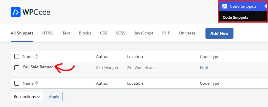 The WPCode Code Snippets list opened from the Code Snippets menu in the WordPress admin sidebar, with an arrow pointing at the Fall Sale Banner snippet title