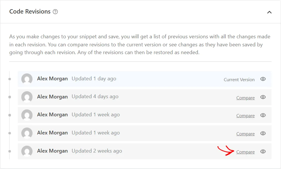 The Code Revisions box in the snippet editor listing five saved versions, with an arrow pointing at the Compare link beside the oldest one