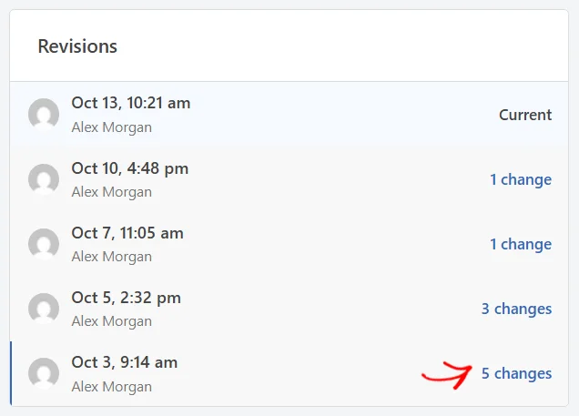 The Revisions list with the newest version marked Current and older versions marked 1 change, 1 change, 3 changes, and 5 changes, with an arrow pointing at 5 changes on the oldest one