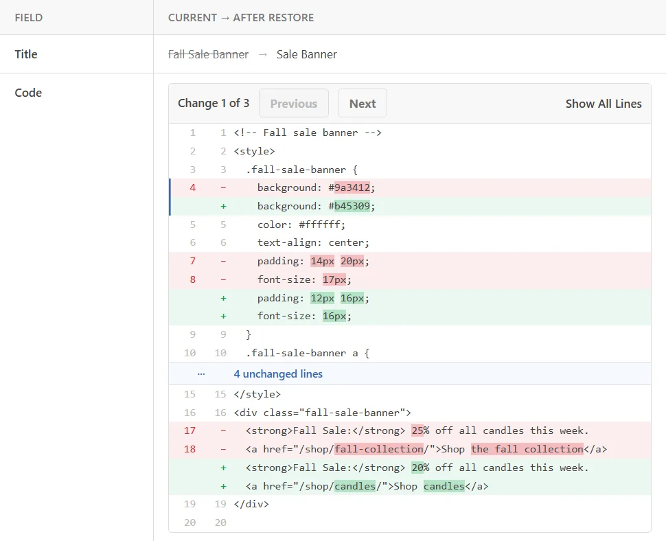 The Current to After restore table, showing the title changing from Fall Sale Banner to Sale Banner and a code comparison with removed lines in red and added lines in green