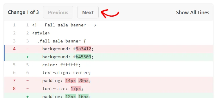 The code comparison toolbar reading Change 1 of 3, with an arrow pointing at the Next button and Show All Lines on the right