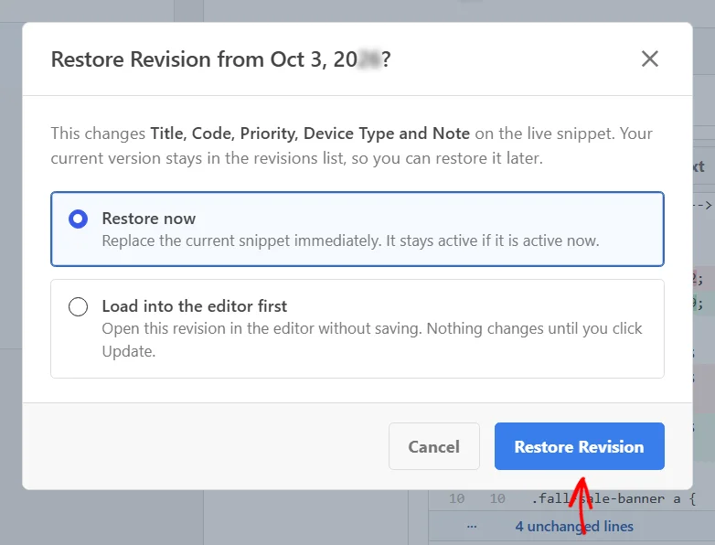The Restore Revision overlay listing Title, Code, Priority, Device Type and Note as the changes, with Restore now selected and an arrow pointing at the Restore Revision button