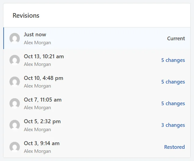 The Revisions list after a restore, with a new Just now version marked Current and the Oct 3 version marked Restored