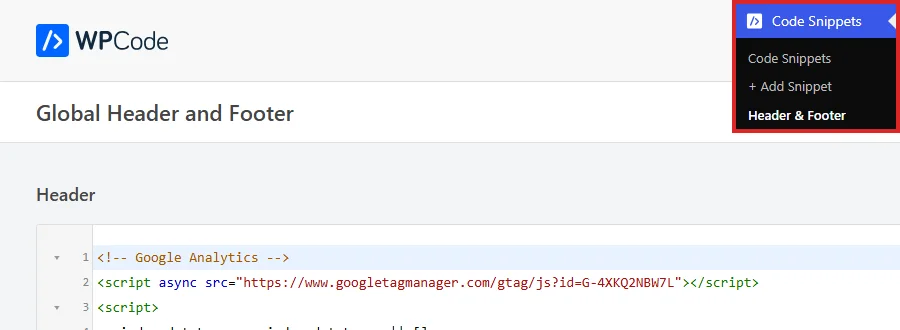 The Global Header and Footer page opened from the Code Snippets menu in the WordPress admin sidebar, with Header and Footer highlighted