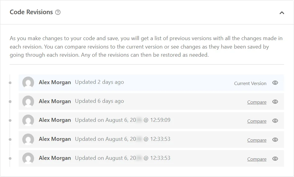 The Code Revisions box on the Global Header and Footer page listing five saved versions with Compare links