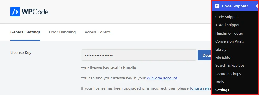 The WPCode General Settings tab opened from the Code Snippets menu in the WordPress admin sidebar, with Settings highlighted