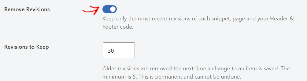 The Remove Revisions toggle switched on, with an arrow pointing at it, and the Revisions to Keep field below set to 30