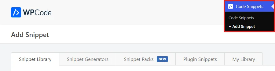 The WPCode Add Snippet screen with the + Add Snippet item highlighted in the Code Snippets admin menu