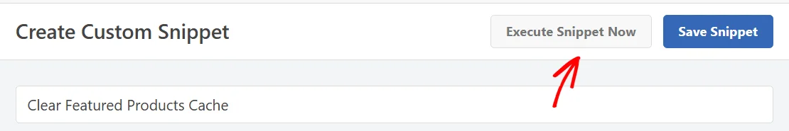 An arrow pointing at the Execute Snippet Now button at the top of the WPCode snippet editor, next to Save Snippet
