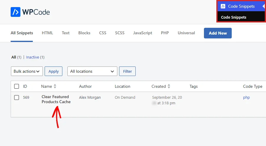 The WPCode Code Snippets list showing a snippet titled Clear Featured Products Cache with the location On Demand and an arrow pointing at its title