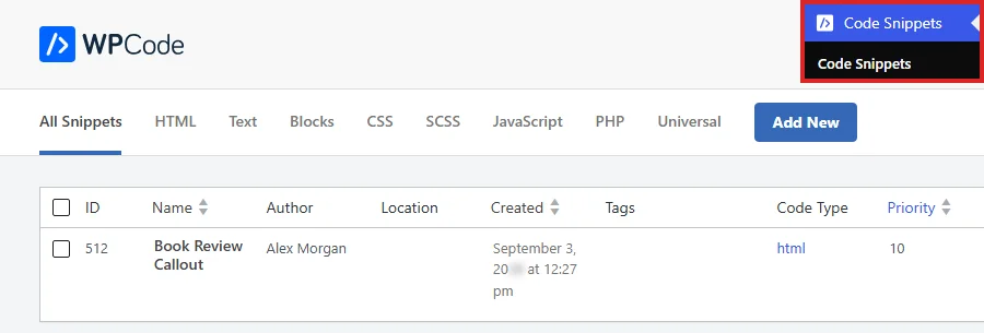 The Code Snippets list in WordPress with the Code Snippets menu open in the sidebar, showing a snippet called Book Review Callout with the ID 512