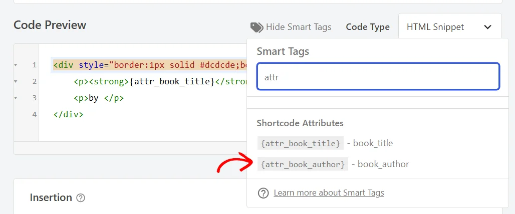 The WPCode Smart Tags picker filtered by the search term attr, showing a Shortcode Attributes group with the tags attr_book_title and attr_book_author, and a red arrow pointing at attr_book_author