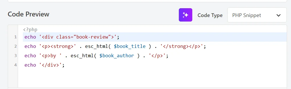 A PHP snippet in the WPCode editor echoing the variables book_title and book_author through esc_html, with the Code Type set to PHP Snippet