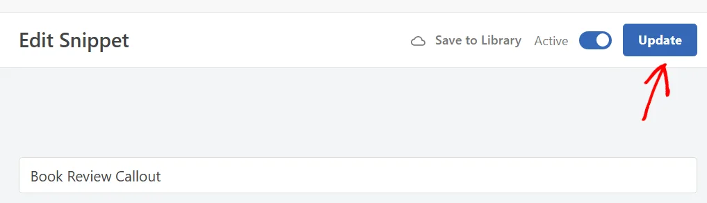 The WPCode snippet editor header with a red arrow pointing at the Update button